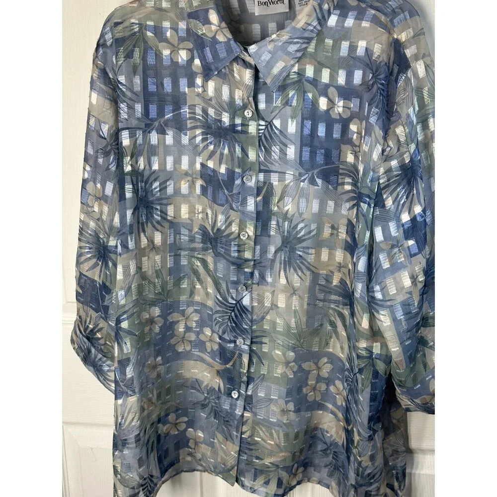 Bon Worth Sheer Big Shirt Women's XL Light Blue Floral Cool Layering Chic Casual